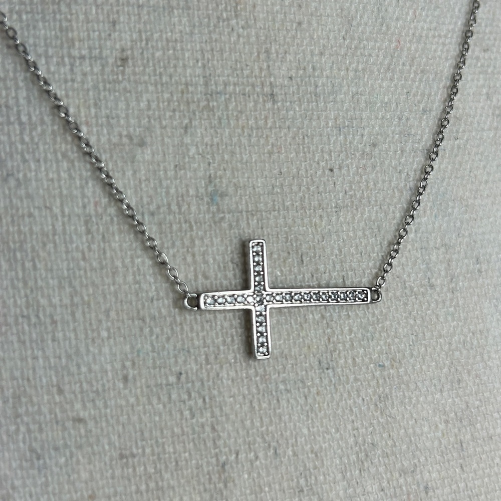 Sterling Silver Sideways Cross Necklace Dainty Clear Crystals Stamped 925 18"L - Picture 3 of 12